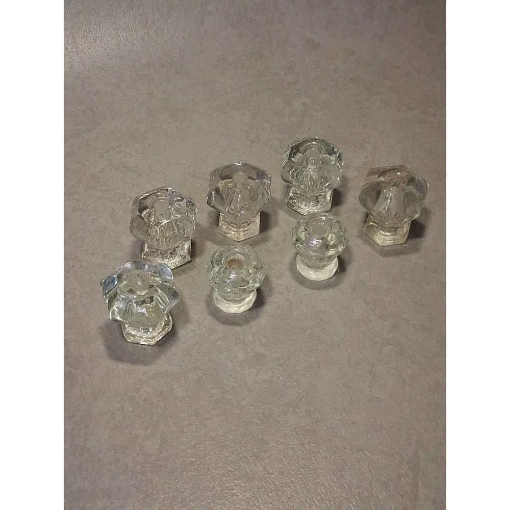 7 Antique 6 Sided Hexagon Glass Pulls, 1